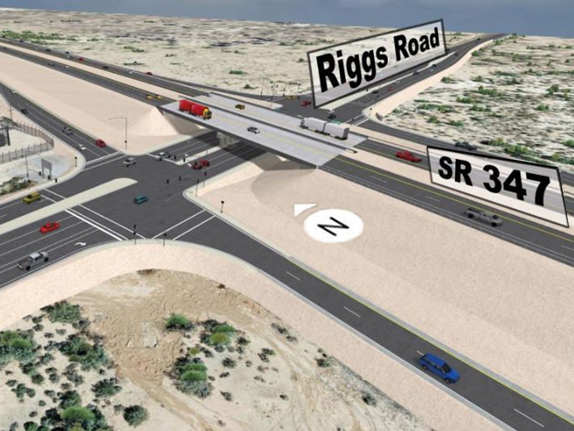 A rendering of the selected design, which features State Route 347 traffic traveling over Riggs Road. [Arizona Department of Transportation]