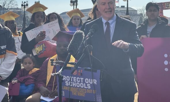 U.S. Sen. Chris Van Hollen, a Maryland Democrat, decries President Donald Trump's recent education initiatives and choice of Linda McMahon to lead the U.S. Department of Education during a press conference Tuesday, Feb. 4, 2025, on Capitol Hill in Washington, D.C. (Photo by Shauneen Miranda/States Newsroom)