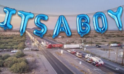 An image of State Route 347 and Riggs Road overlayed with an image of baby balloons. [Victor Moreno]