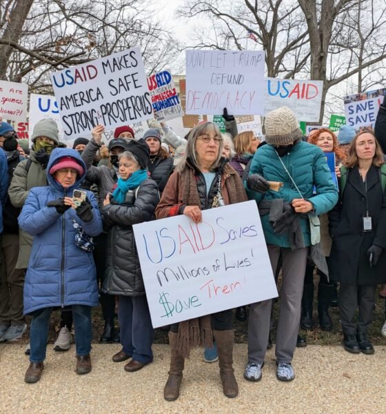 Demonstrators gathered on Capitol Hill on Wednesday, Feb. 5, 2025, to protest the Trump administration's dismantling of the U.S. Agency for International Development. (Photo by Ashley Murray/States Newsroom)