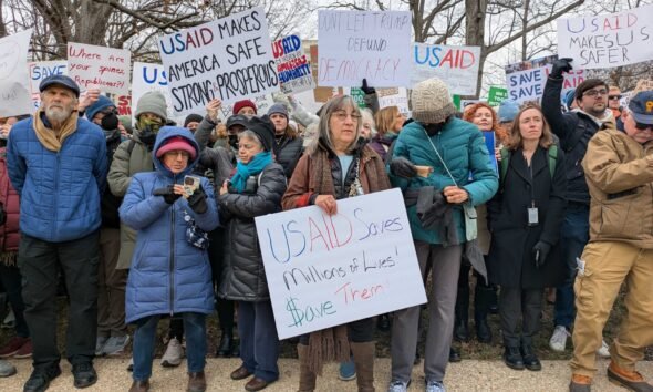 Demonstrators gathered on Capitol Hill on Wednesday, Feb. 5, 2025, to protest the Trump administration's dismantling of the U.S. Agency for International Development. (Photo by Ashley Murray/States Newsroom)