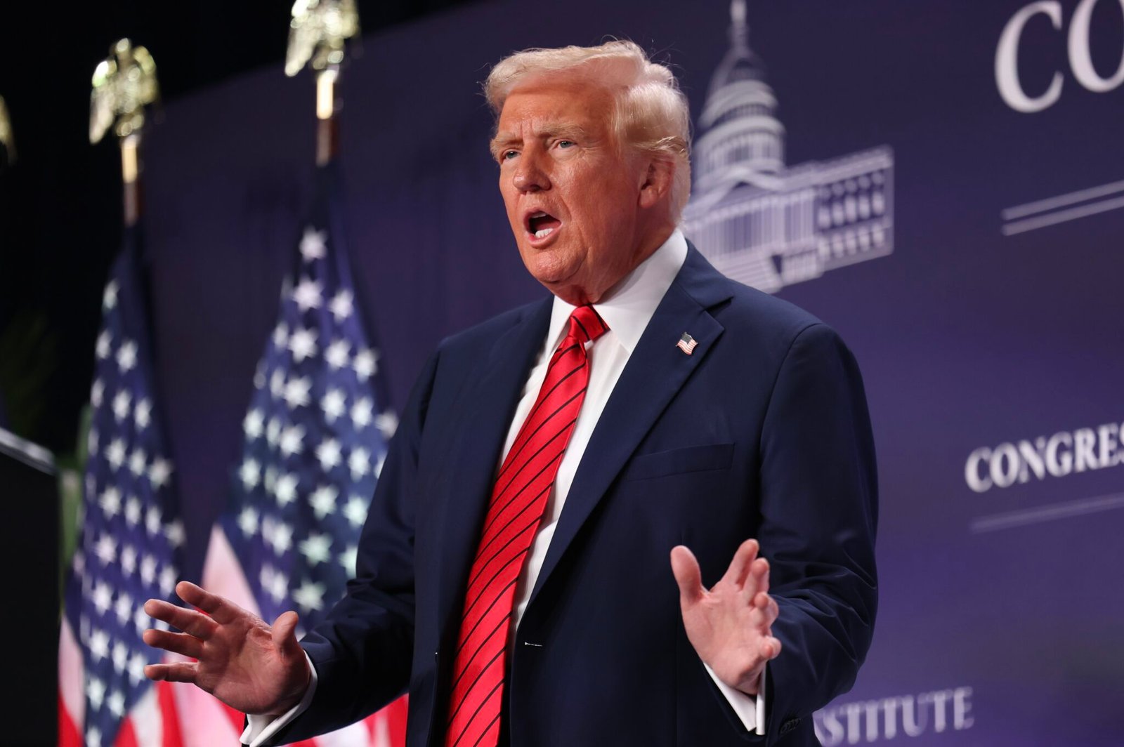 President Donald Trump addresses the 2025 Republican Issues Conference at the Trump National Doral Miami on Jan. 27, 2025 in Doral, Florida. (Photo by Joe Raedle/Getty Images)