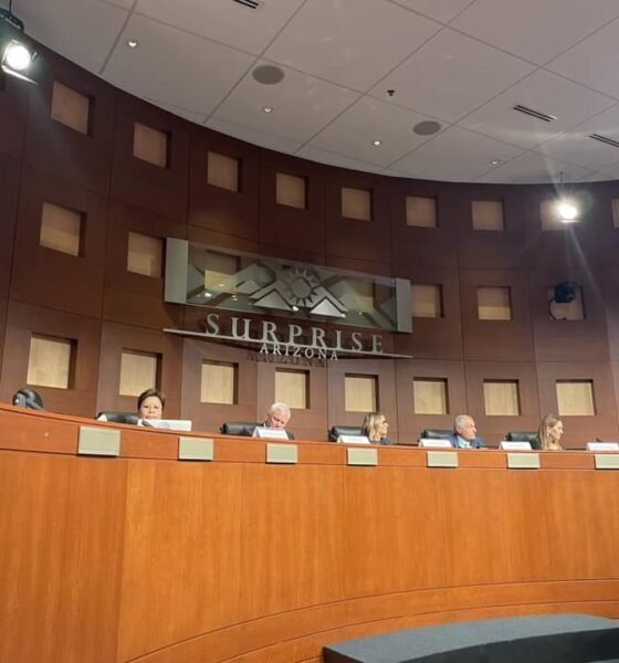 Members of the Arizona State Transportation Board sit on the dais in Surprise City Hall on Feb. 21, 2025. [Nancy Smith]