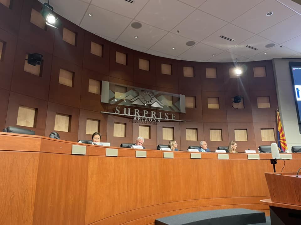 Members of the Arizona State Transportation Board sit on the dais in Surprise City Hall on Feb. 21, 2025. [Nancy Smith]