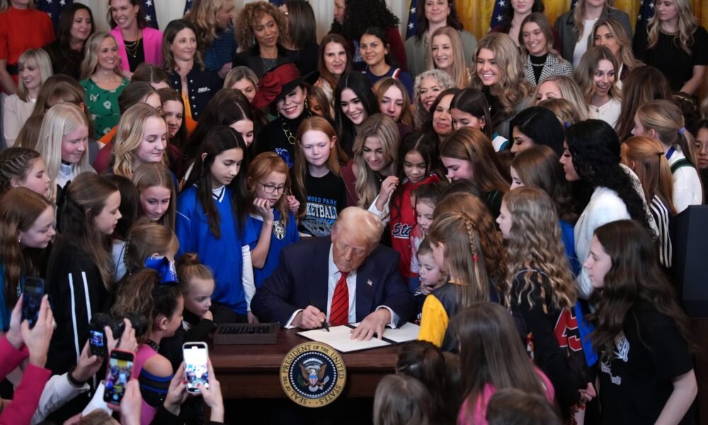 President Donald Trump signs the “Keeping Men Out of Women's Sports" executive order in the East Room at the White House on Feb. 5, 2025, in Washington, D.C. (Photo by Andrew Harnik/Getty Images)