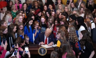 President Donald Trump signs the “Keeping Men Out of Women's Sports" executive order in the East Room at the White House on Feb. 5, 2025, in Washington, D.C. (Photo by Andrew Harnik/Getty Images)