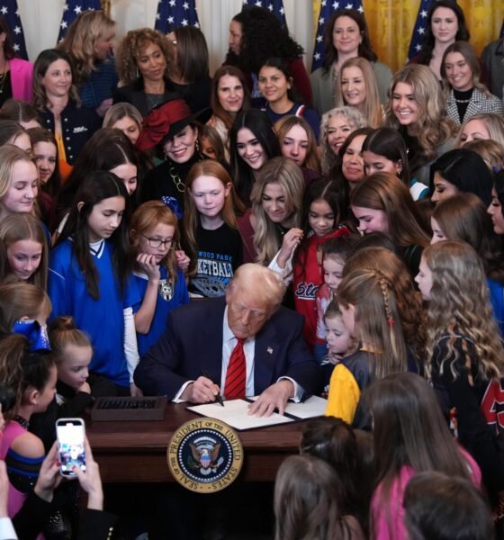 President Donald Trump signs the “Keeping Men Out of Women's Sports" executive order in the East Room at the White House on Feb. 5, 2025, in Washington, D.C. (Photo by Andrew Harnik/Getty Images)