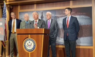 U.S. South Carolina Republican Sen. Lindsey Graham speaks during a press conference on the border on Thursday, Dec. 7, 2023. Also pictured, left to right, are Sens. John Thune of South Dakota, Chuck Grassley of Iowa, John Cornyn of Texas and Tom Cotton of Arkansas.  (Photo by Jennifer Shutt/States Newsroom)