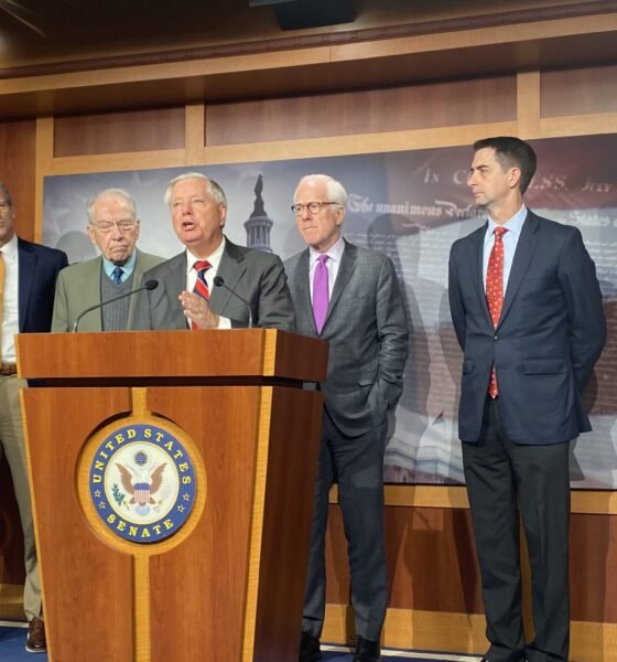 U.S. South Carolina Republican Sen. Lindsey Graham speaks during a press conference on the border on Thursday, Dec. 7, 2023. Also pictured, left to right, are Sens. John Thune of South Dakota, Chuck Grassley of Iowa, John Cornyn of Texas and Tom Cotton of Arkansas.  (Photo by Jennifer Shutt/States Newsroom)