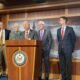 U.S. South Carolina Republican Sen. Lindsey Graham speaks during a press conference on the border on Thursday, Dec. 7, 2023. Also pictured, left to right, are Sens. John Thune of South Dakota, Chuck Grassley of Iowa, John Cornyn of Texas and Tom Cotton of Arkansas.  (Photo by Jennifer Shutt/States Newsroom)