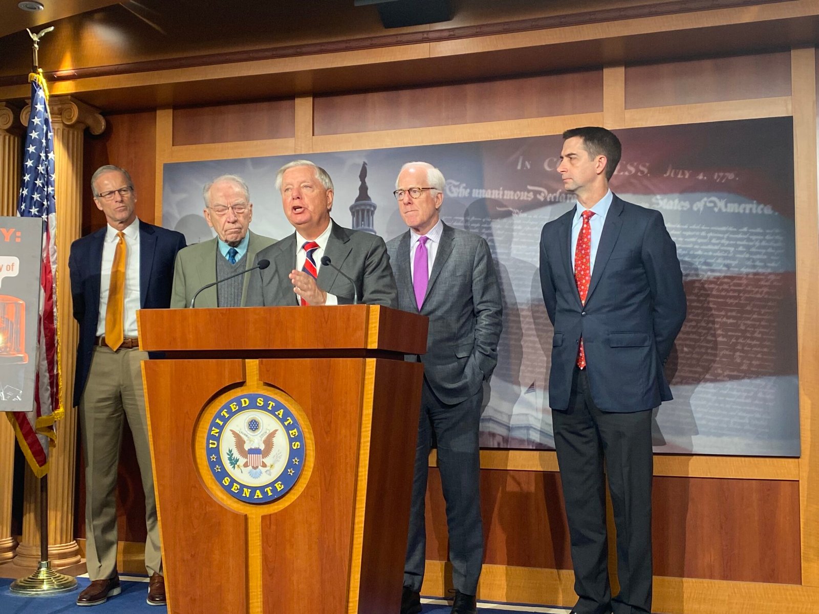 U.S. South Carolina Republican Sen. Lindsey Graham speaks during a press conference on the border on Thursday, Dec. 7, 2023. Also pictured, left to right, are Sens. John Thune of South Dakota, Chuck Grassley of Iowa, John Cornyn of Texas and Tom Cotton of Arkansas. (Photo by Jennifer Shutt/States Newsroom)