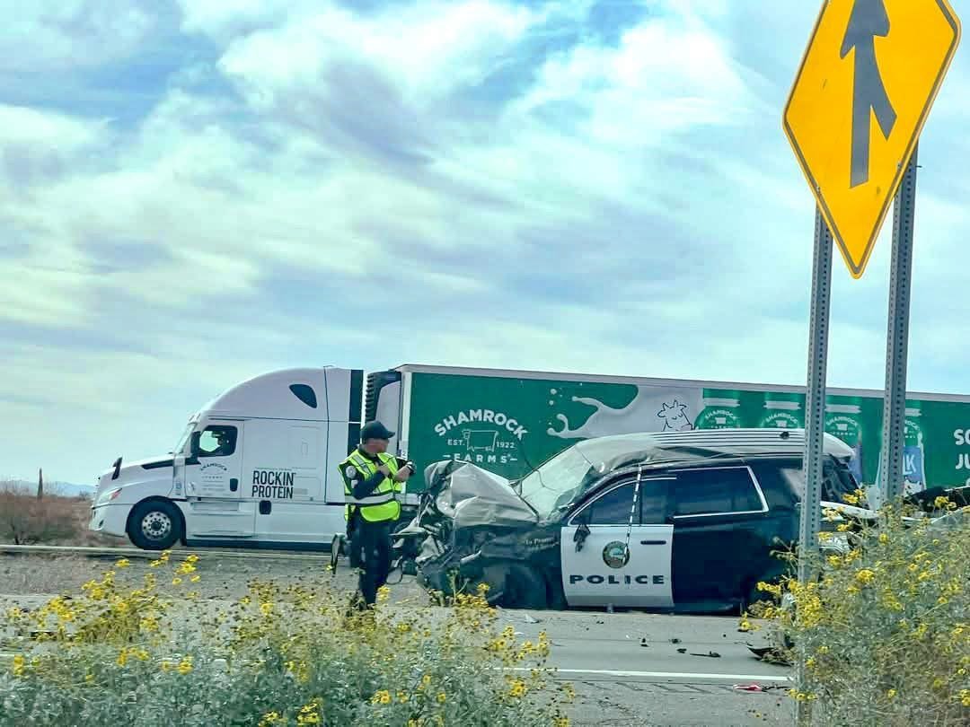 A Gilver River Police Department vehicle sits in the median on Interstate 10 and Riggs Road following a crash on March 17, 2025. [Sonia Grimm]