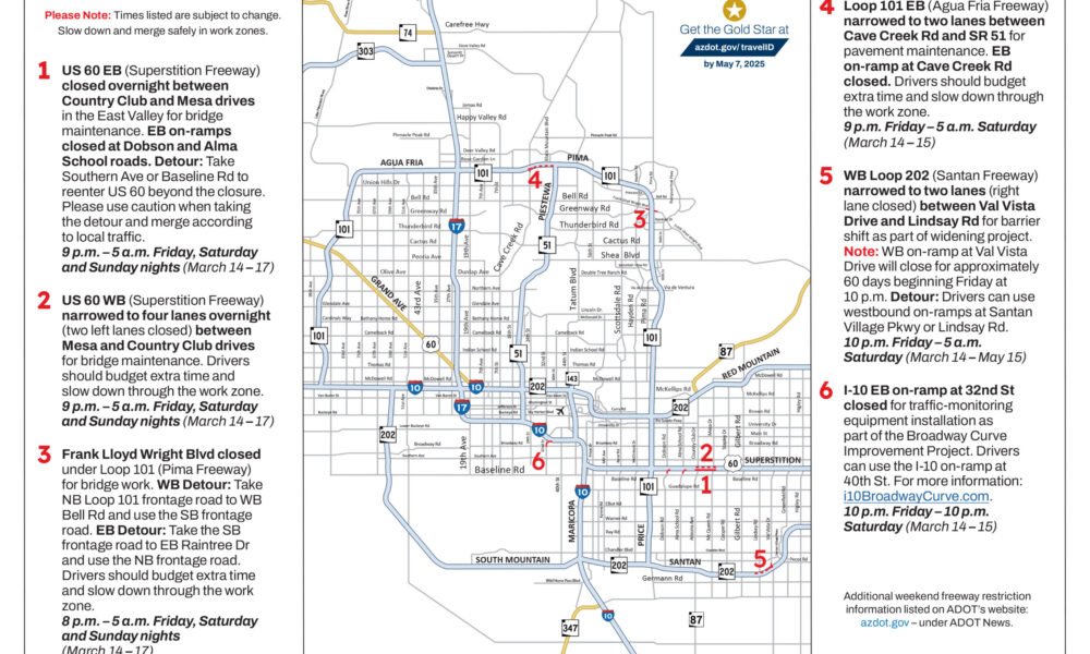 Phoenix-area freeway travel advisory, March 14-17