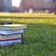 books on campus lawn