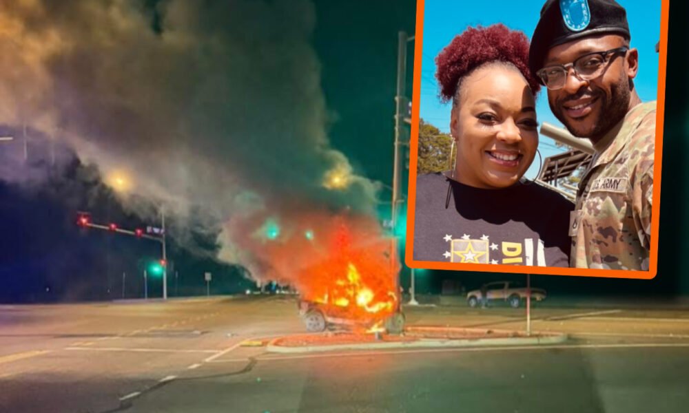 Breanna (front, left) and Arvin Dismuke from The Lakes at Rancho El Dorado helped pull a man from a burning car (background) that had crashed into a light pole on Maricopa-Casa Grande Highway April 25, 2025. [Leonardo Andrade/submitted]