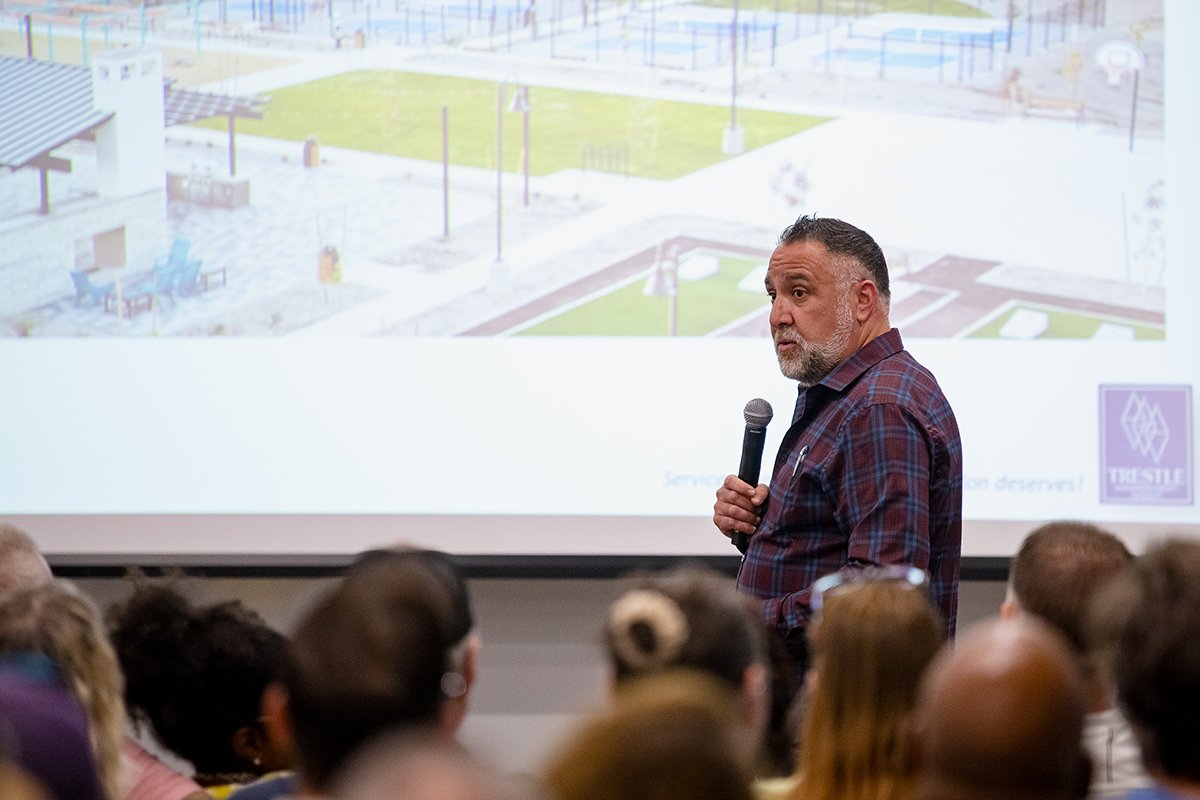 Trestle Management Vice President Marc Vasquez speaks to Rancho Mirage residents during an HOA meeting on March 31, 2025. [Monica D. Spencer]