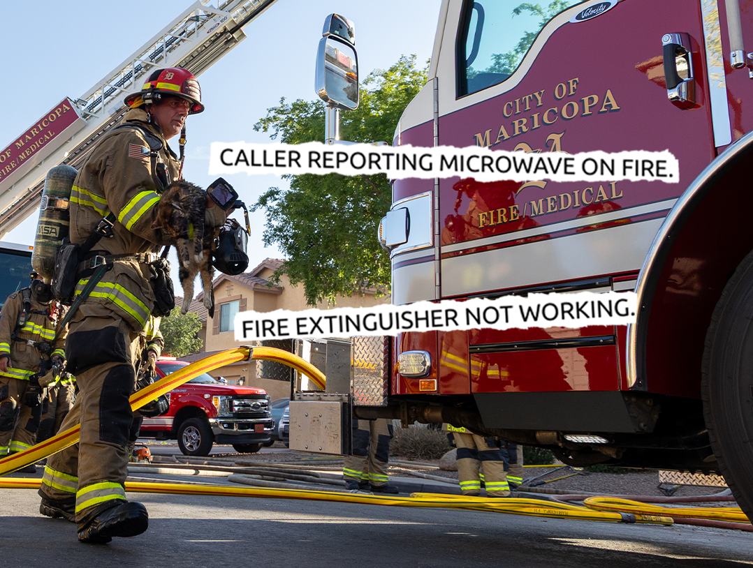 MFMD Fire Captain Michael Curto carries an injured cat out of an Alterra housefire before crews put an oxygen mask on the cat. April 8, 2025. On top: Snippets from a fire investigation report. [Brian Petersheim Jr./MFMD/graphic]
