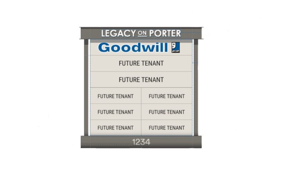 A color elevation of proposed signs for the Legacy on Porter development, featuring a Goodwill thrift store sign. [Legacy Development Partners]