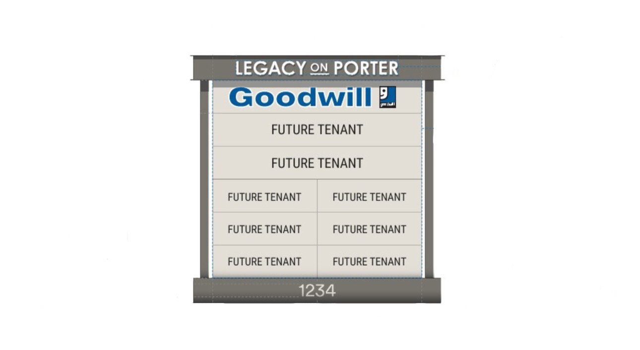 A color elevation of proposed signs for the Legacy on Porter development, featuring a Goodwill thrift store sign. [Legacy Development Partners]