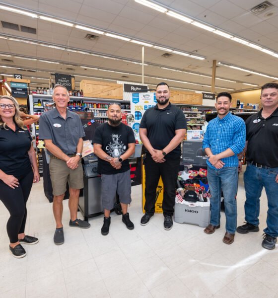 From L to R: InMaricopa's Tawni Proctor, Maricopa Ace Hardware owner Dave Karsten, Matthew Saucedo, Alex Valdez, Steve Kenna and Chris Glover. June 15, 2024. [Bryan Mordt]