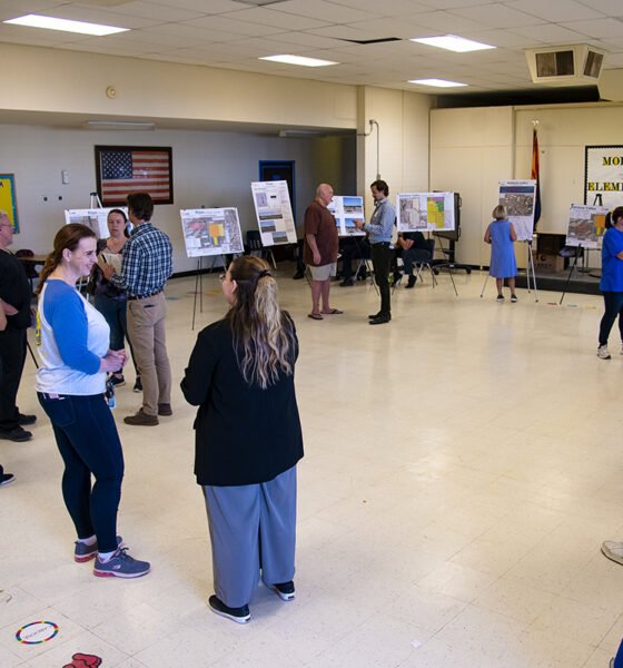 Rural residents attend a neighborhood informational meeting on a proposed two-part solar farm project. Mobile Elementary School, May 14, 2025. [Monica D. Spencer]