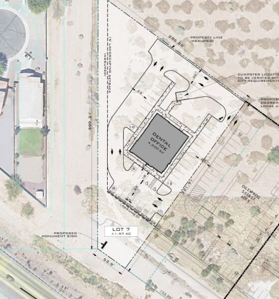 A conceptual site plan shows the location of a proposed dental office at the Stonegate Plaza, next to two other properties. [WMG Development]