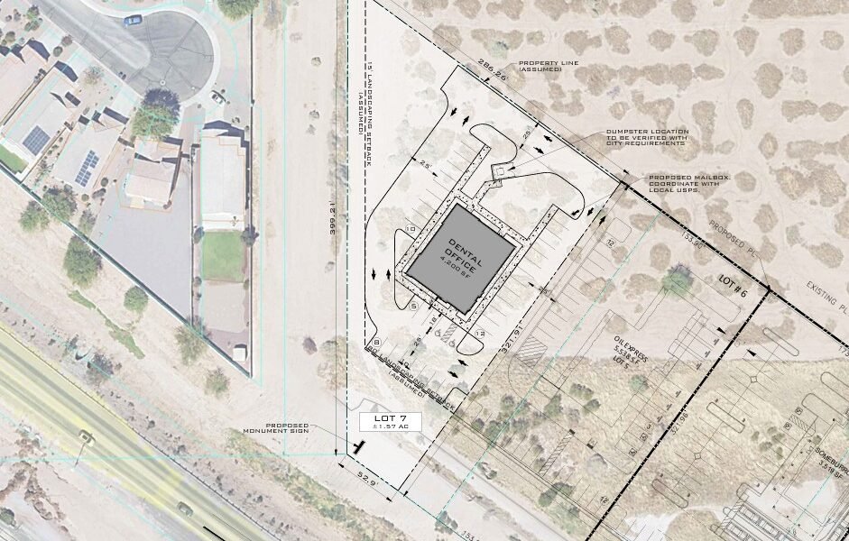 A conceptual site plan shows the location of a proposed dental office at the Stonegate Plaza, next to two other properties. [WMG Development]