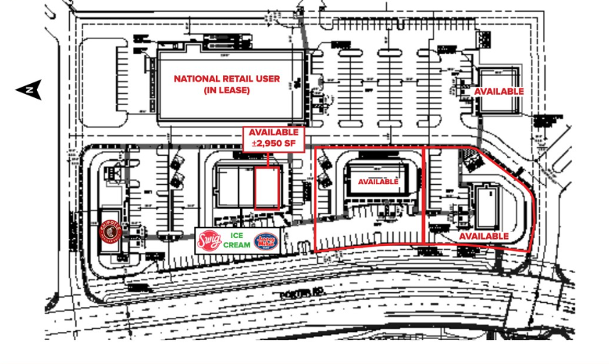 A new site plan shows the intent to add a Chipotle, Jersey Mike's, Swig and an unnamed ice cream shop to Legacy on Porter. The plaza is slated to break ground across from Walmart early next year. [Legacy Development Partners]