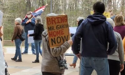 A crowd gathered outside U.S. District Court in Greenbelt, Maryland, on Tuesday, April 10, 2025, to protest the government's erroneous deportation of Kilmar Armando Abrego Garcia, an El Salvadoran national, to a mega-prison in the Central American country. (Photo by Ashley Murray/States Newsroom)