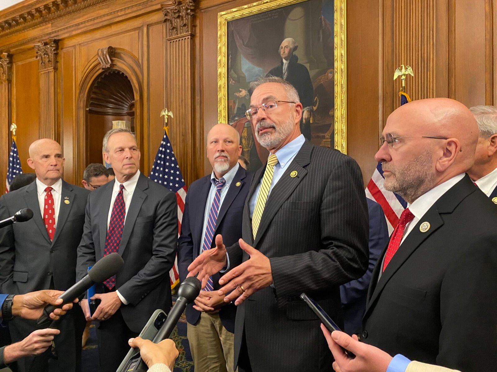 U.S. House Freedom Caucus Chair Andy Harris, R-Md., center, speaks to reporters on Wednesday, May 21, 2025 at the U.S. Capitol. From left are Republicans Keith Self of Texas, Scott Perry of Pennsylvania and Chip Roy of Texas. Photo by Jennifer Shutt