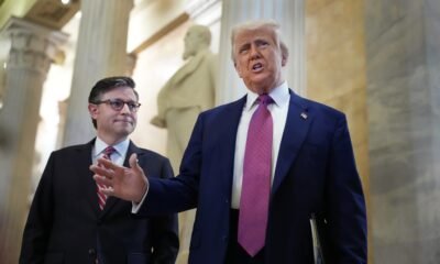 President Donald Trump arrives with Speaker of the House Mike Johnson, R-La., for a House Republican meeting at the U.S. Capitol on May 20, 2025 in Washington, D.C. (Photo by Kevin Dietsch/Getty Images)
