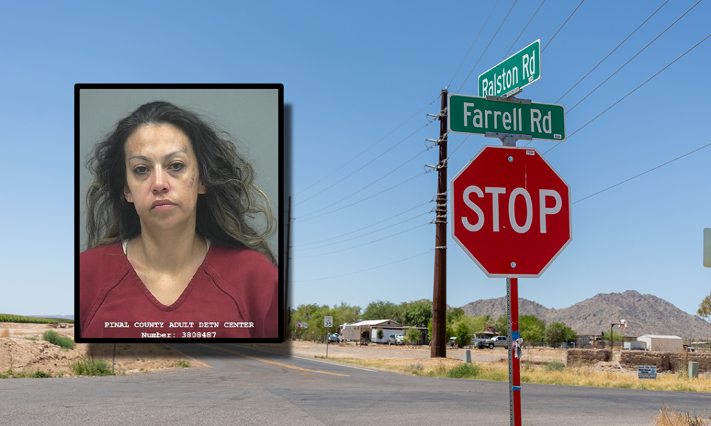 Monique Vasquez, 34, was arrested by Pinal County sheriff's deputies June 4, 2025. In the background, the location of her arrest photographed June 5, 2025. [Brian Petersheim Jr., PCSO/graphic]