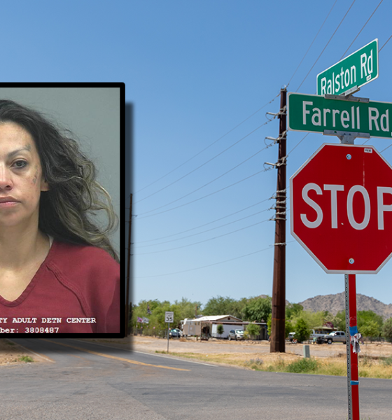 Monique Vasquez, 34, was arrested by Pinal County sheriff's deputies June 4, 2025. In the background, the location of her arrest photographed June 5, 2025. [Brian Petersheim Jr., PCSO/graphic]