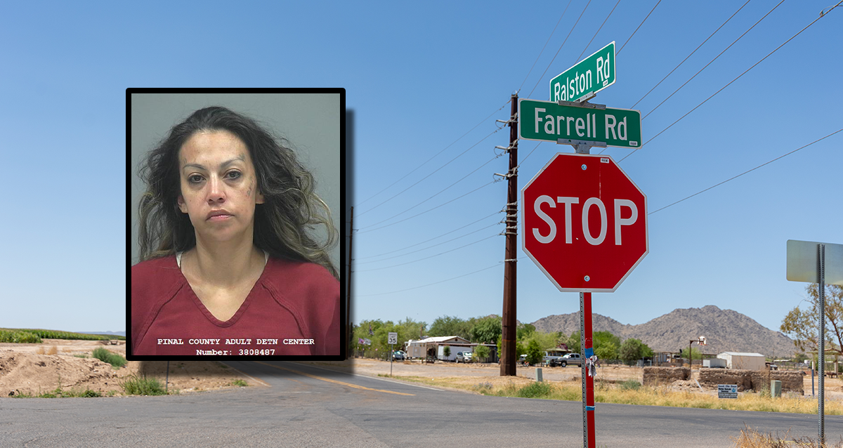 Monique Vasquez, 34, was arrested by Pinal County sheriff's deputies June 4, 2025. In the background, the location of her arrest photographed June 5, 2025. [Brian Petersheim Jr., PCSO/graphic]