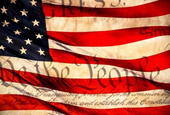 American flag with Constitution phrases