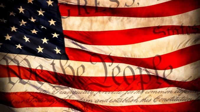 American flag with Constitution phrases