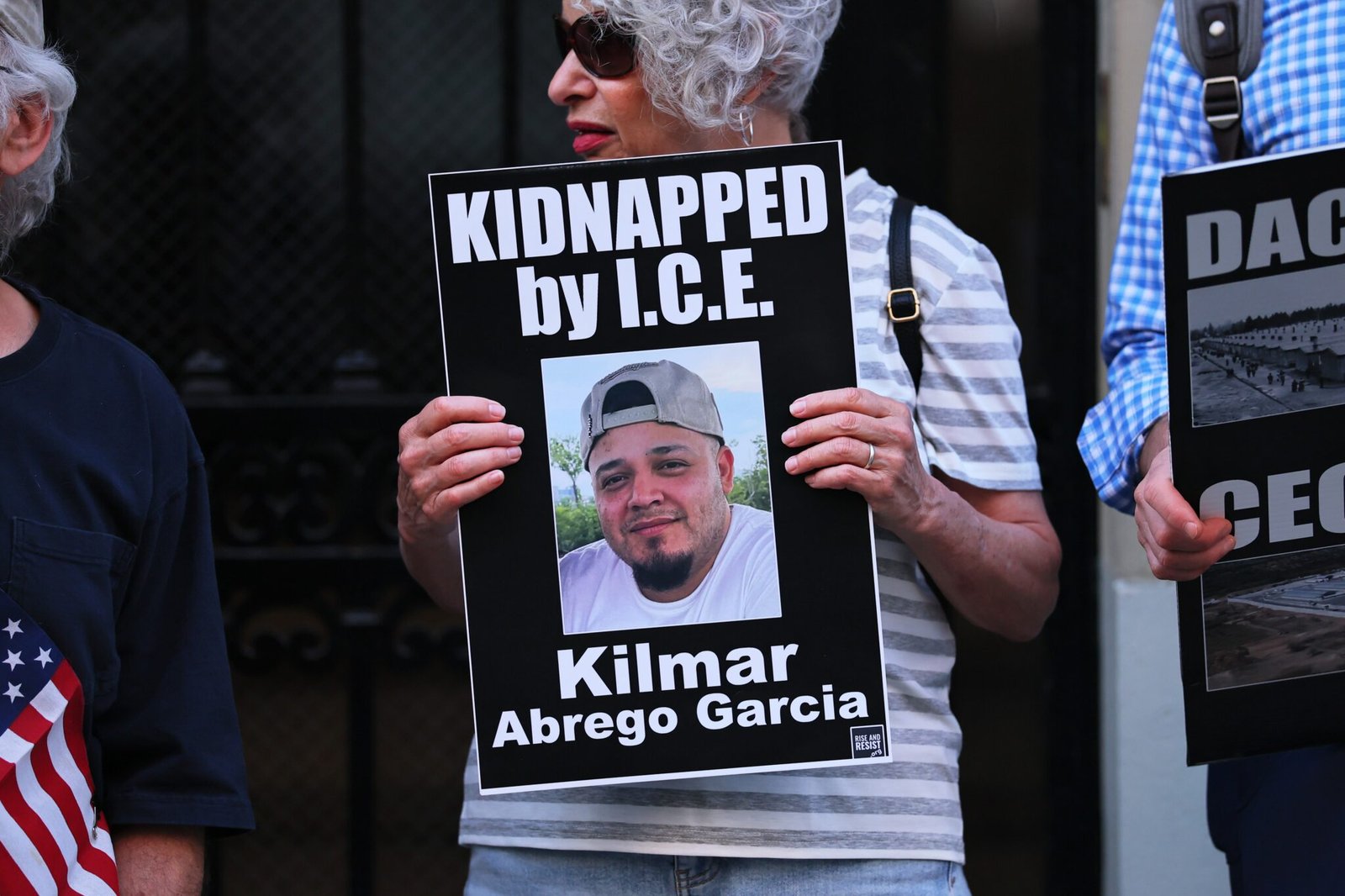 A protester holds a photo of Maryland man Kilmar Abrego Garcia as demonstrators gather to protest against the deportation of immigrants to El Salvador outside the Permanent Mission of El Salvador to the United Nations on April 24, 2025 in New York City. (Photo by Michael M. Santiago/Getty Images)
