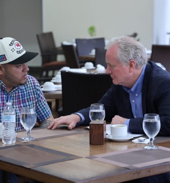 Sen. Chris Van Hollen, D-Md., right, meets with Kilmar Abrego Garcia, the Maryland resident who was erroneously deported to El Salvador by the U.S. government. (Photo courtesy Van Hollen's office)