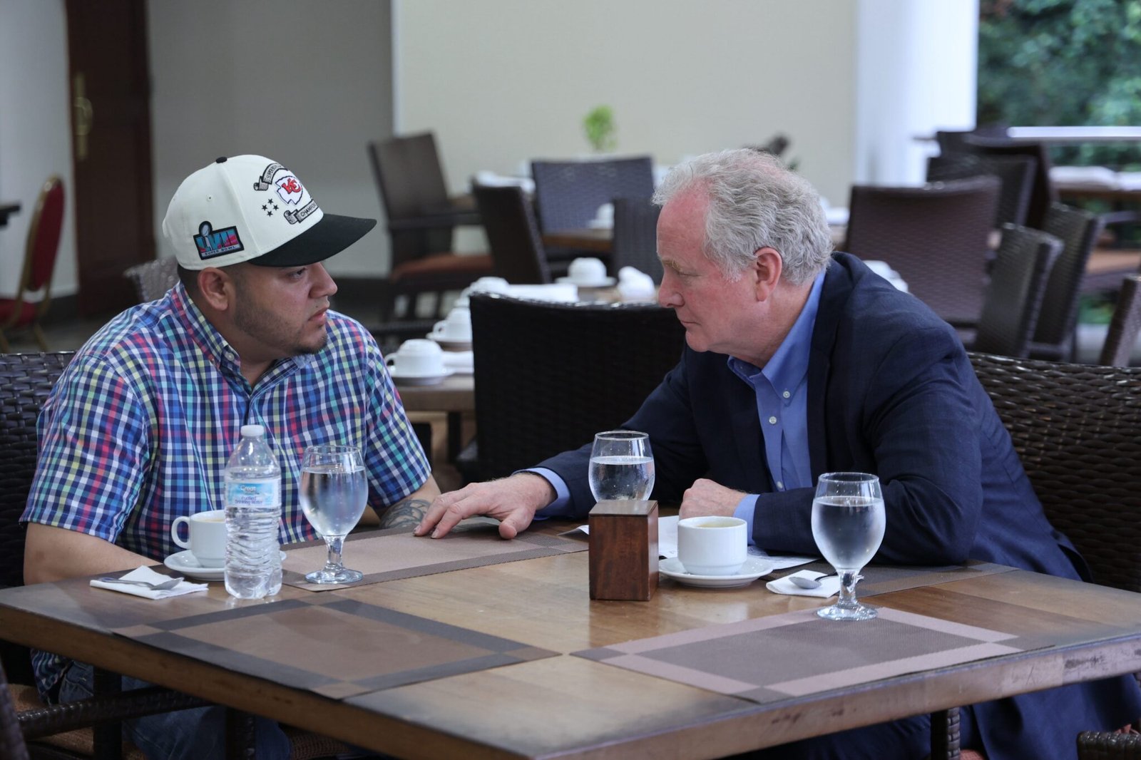 Sen. Chris Van Hollen, D-Md., right, meets with Kilmar Abrego Garcia, the Maryland resident who was erroneously deported to El Salvador by the U.S. government. (Photo courtesy Van Hollen's office)