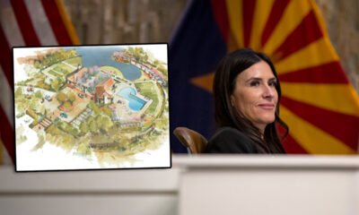 Maricopa City Council member AnnaMarie Knorr sits at the dais during a Jan. 21, 2025, meeting at Maricopa City Hall. On top: Sketches of the proposed Maricopa Towne Center, which advanced Tuesday. [Monica D. Spencer]