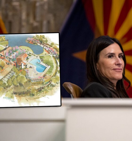 Maricopa City Council member AnnaMarie Knorr sits at the dais during a Jan. 21, 2025, meeting at Maricopa City Hall. On top: Sketches of the proposed Maricopa Towne Center, which advanced Tuesday. [Monica D. Spencer]