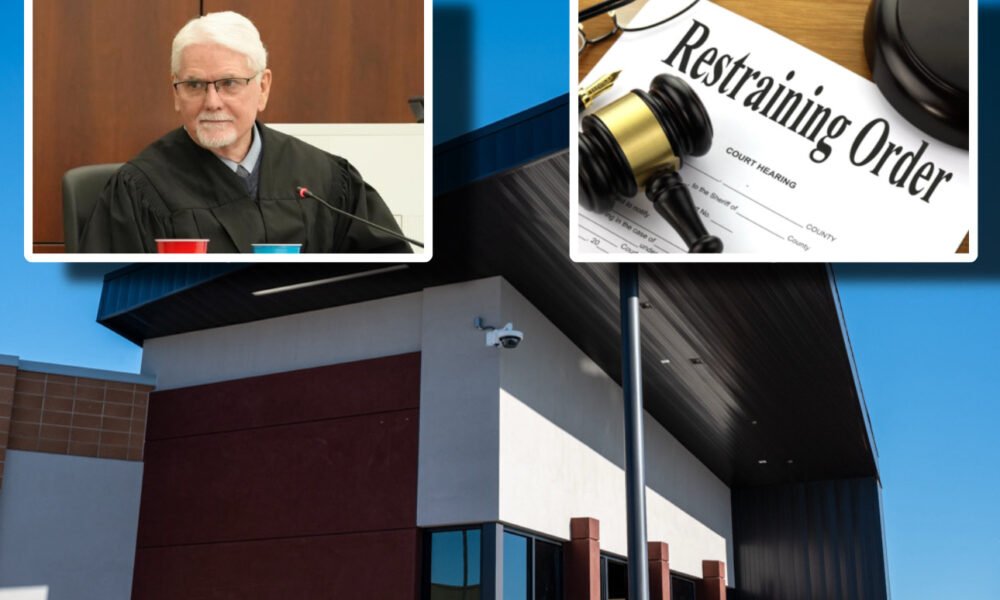 Top left: Judge Stephen F. McCarville. Top right: A restraining order on a judge's bench. Background: Maricopa Municipal Court. [Bryan Mordt/City of Maricopa/Pix4free]