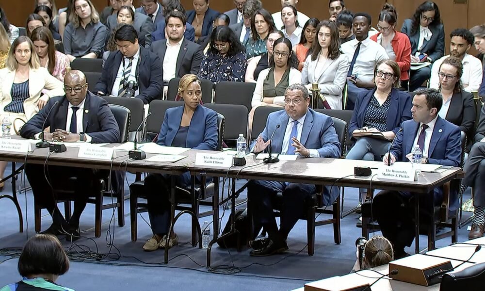 From left to right, Democratic state Attorneys General Kwame Raoul of Illinois, Andrea Campbell of Massachusetts, Keith Ellison of Minnesota and Matthew J. Platkin of New Jersey speak before Democratic lawmakers on both the Senate and House Judiciary committees on Monday, June 23, 2025 on Capitol Hill in Washington, D.C. (Screenshot from House Committee on the Judiciary livestream feed)