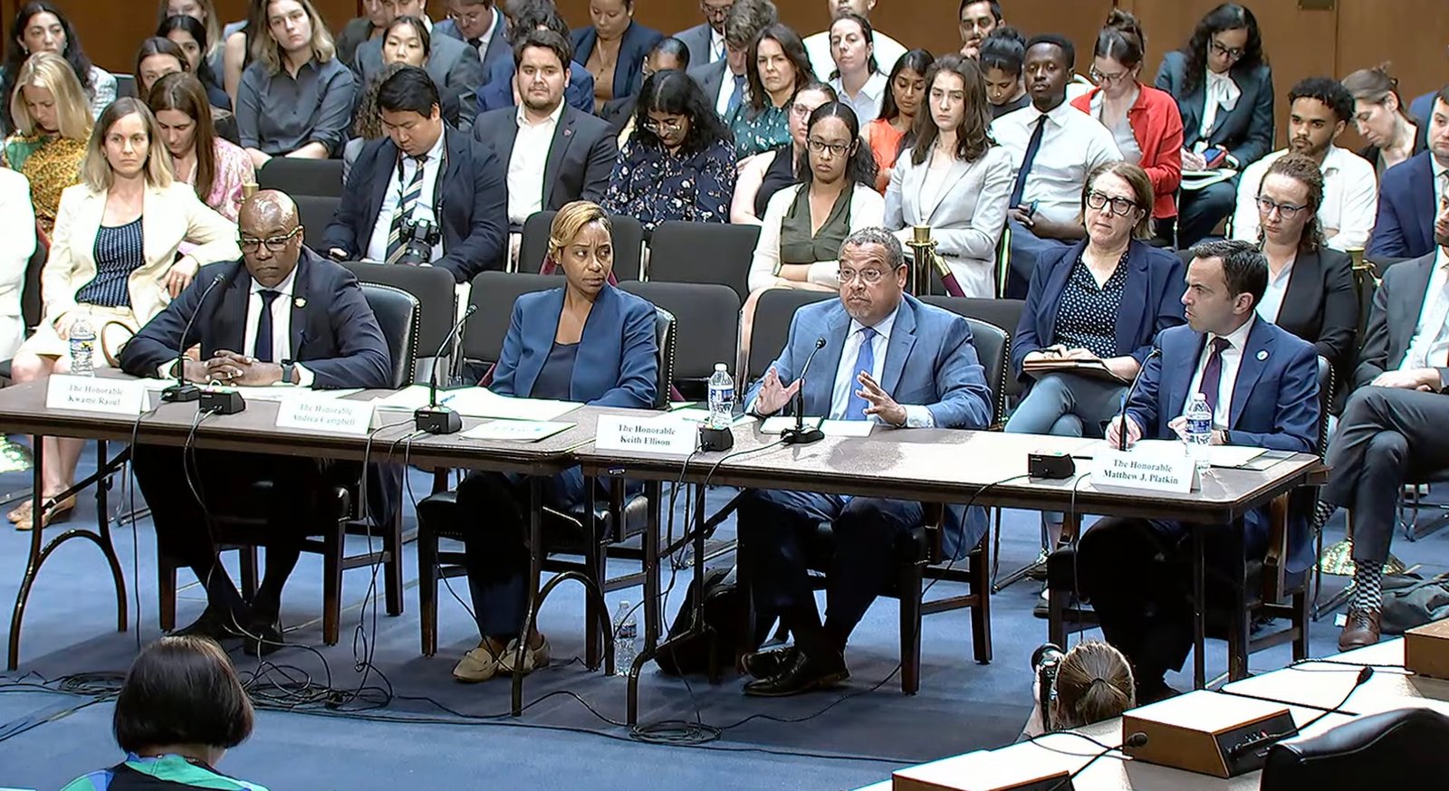 From left to right, Democratic state Attorneys General Kwame Raoul of Illinois, Andrea Campbell of Massachusetts, Keith Ellison of Minnesota and Matthew J. Platkin of New Jersey speak before Democratic lawmakers on both the Senate and House Judiciary committees on Monday, June 23, 2025 on Capitol Hill in Washington, D.C. (Screenshot from House Committee on the Judiciary livestream feed)