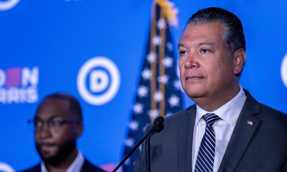 Senator Alex Padilla, D-Calif.,  speaks at a Biden-Harris campaign and DNC press conference on July 18, 2024 in Milwaukee, Wisconsin. (Photo by Jim Vondruska/Getty Images)
