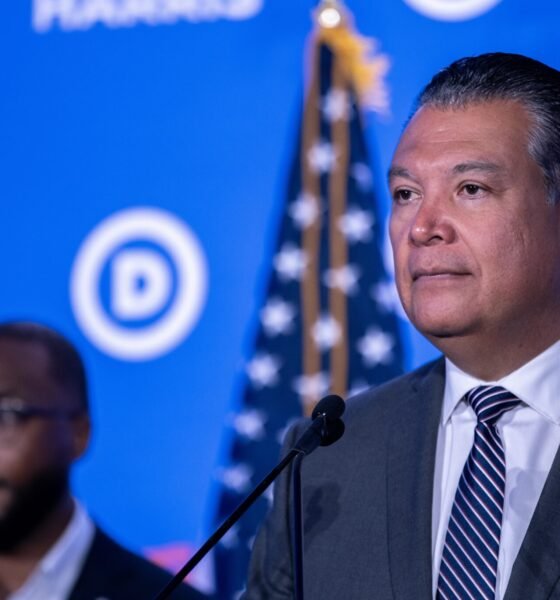 Senator Alex Padilla, D-Calif.,  speaks at a Biden-Harris campaign and DNC press conference on July 18, 2024 in Milwaukee, Wisconsin. (Photo by Jim Vondruska/Getty Images)