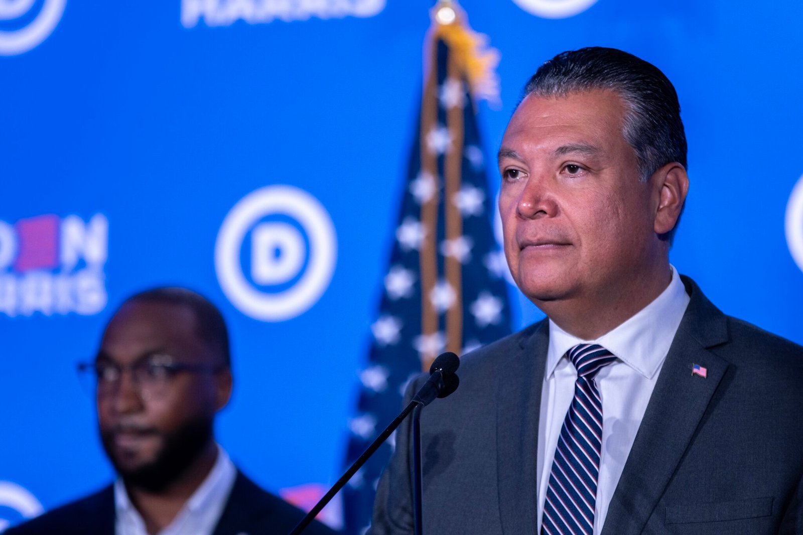 Senator Alex Padilla, D-Calif., speaks at a Biden-Harris campaign and DNC press conference on July 18, 2024 in Milwaukee, Wisconsin. (Photo by Jim Vondruska/Getty Images)
