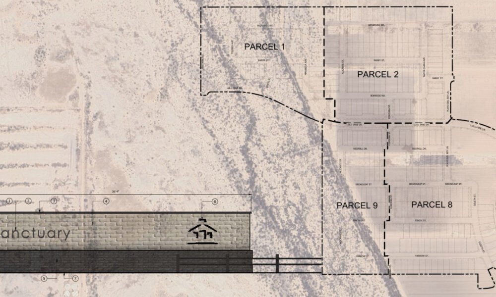An entrance monument and subdivision blueprints over satellite imagery of the empty desert and erstwhile farmland where a 1.2K-home HOA subdivision called The Sanctuary will soon be developed. [InMaricopa photo illustration]