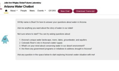 An Arizona State University climate tech project uses AI to provide water conservation information and suggestions for responsible water use via a simple, personable chatbot called “Blue.” (Screenshot of azwaterbot.org)