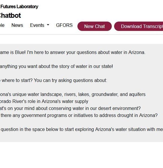 An Arizona State University climate tech project uses AI to provide water conservation information and suggestions for responsible water use via a simple, personable chatbot called “Blue.” (Screenshot of azwaterbot.org)
